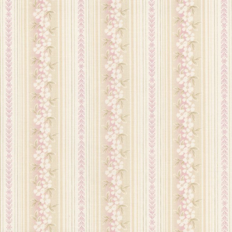 Vertical striped fabric featuring pink flowers and green leaves on a beige background.