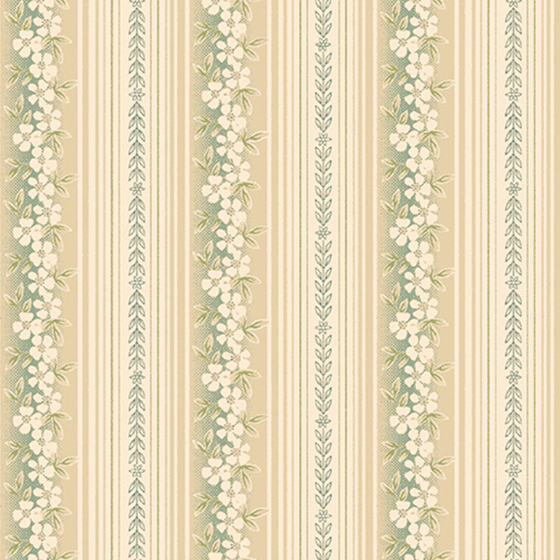 Floral striped fabric featuring delicate white flowers and green leaves on a beige background.