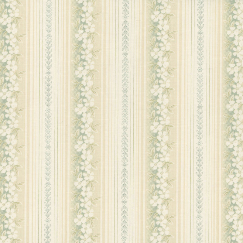 Floral striped fabric featuring delicate white flowers and green leaves on a beige background.