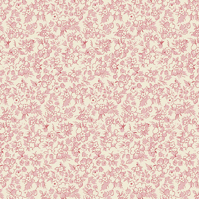 Repeating floral pattern in shades of pink on a light cream fabric.