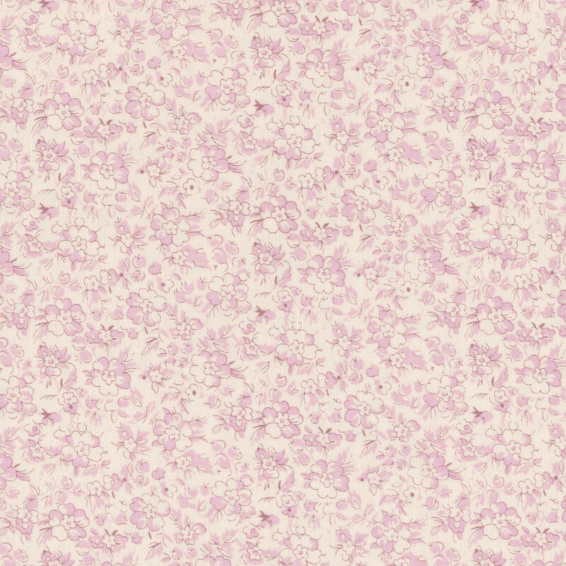 Repeating floral pattern in shades of pink on a light cream fabric.