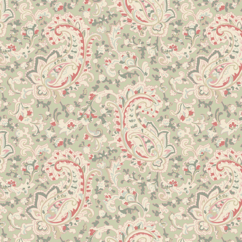 Floral paisley pattern with pink, green, and beige on a light fabric.