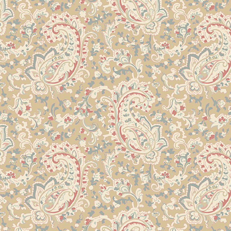 Patterned fabric featuring intricate paisley design in soft colors on a beige background.