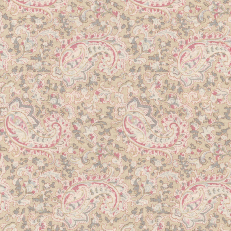 Patterned fabric featuring intricate paisley design in soft colors on a beige background.