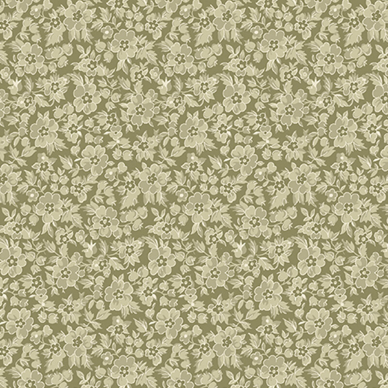 A floral pattern featuring light flowers on a muted olive green fabric.