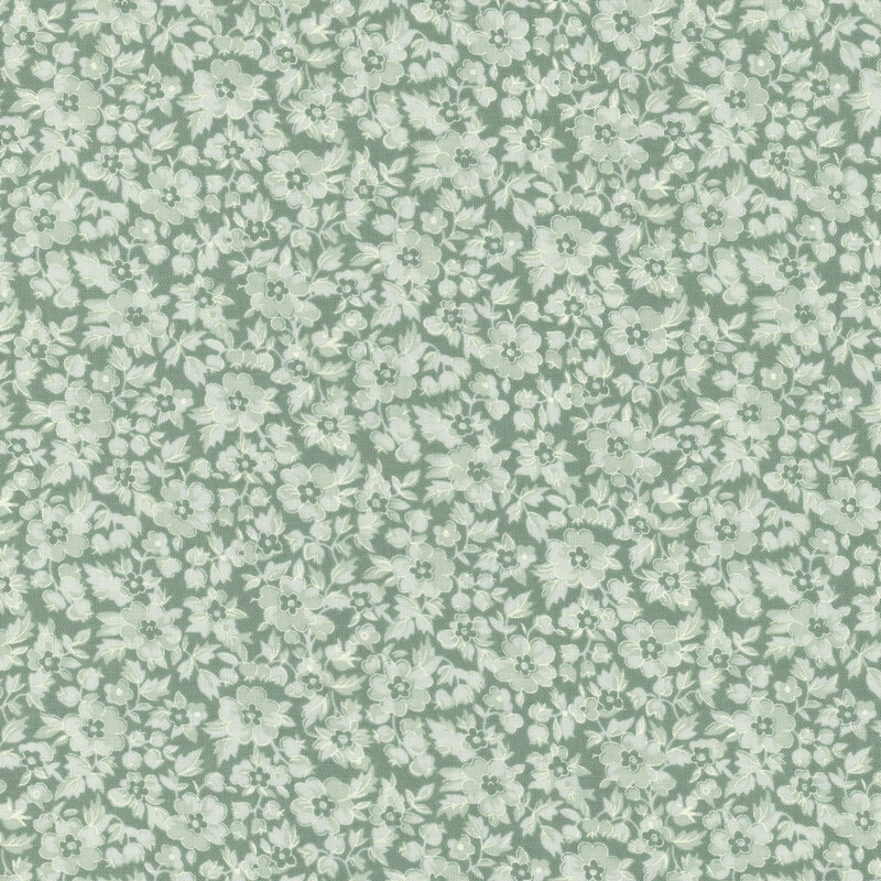 A repeating floral fabric in muted greens and cream.
