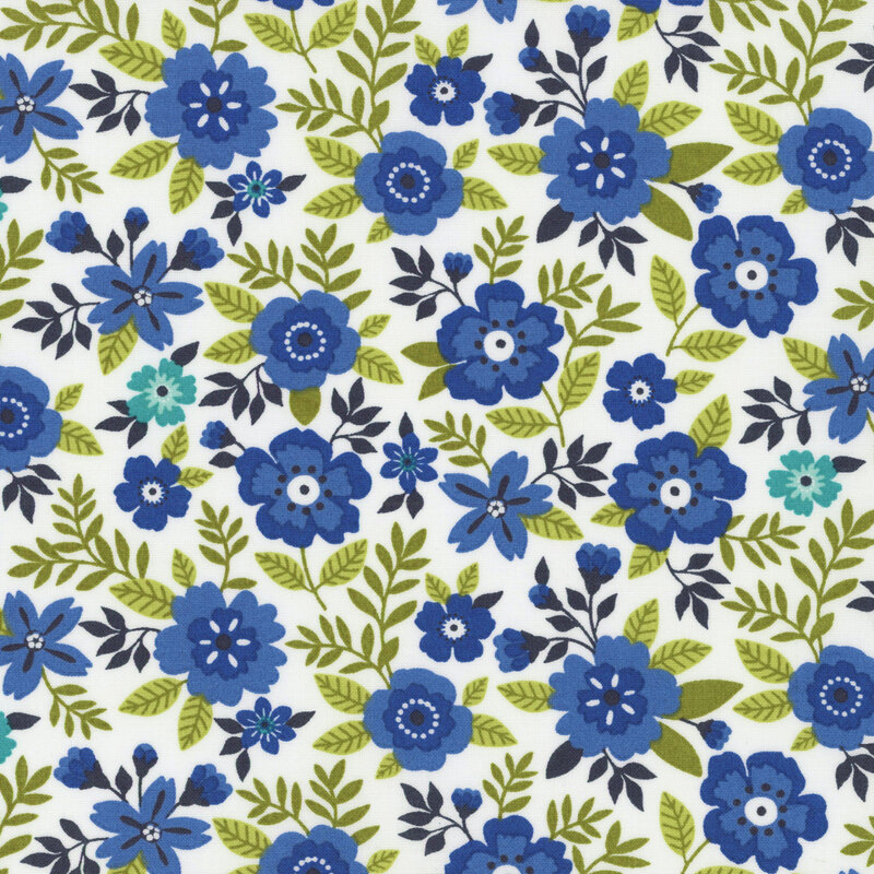 Pattern of blue and turquoise flowers with dark blue and green leaves on a white background.