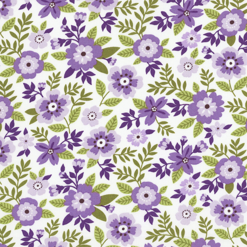 Pattern of purple flowers with green leaves on a white background.