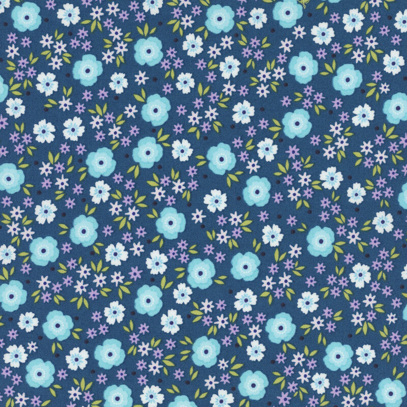 Teal fabric featuring a pattern of light aqua, white, and purple flowers.