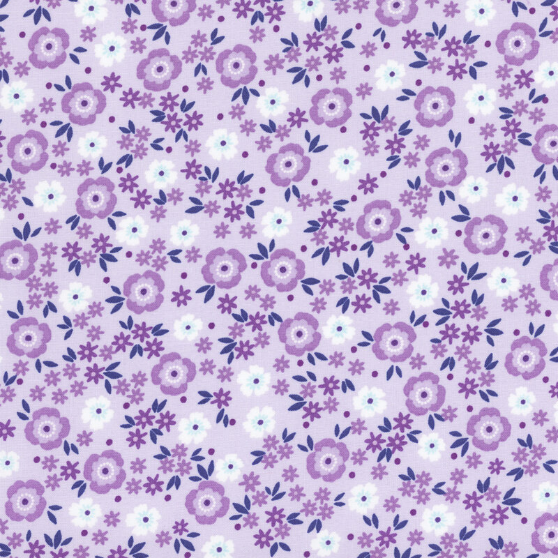 Light purple fabric featuring a pattern of light purple and white flowers.