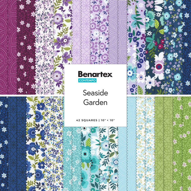 Collage of the fabrics featured throughout the Seaside Garden Layer Cake, an array of magenta, purple, dark blue, aqua, and green floral fabrics.