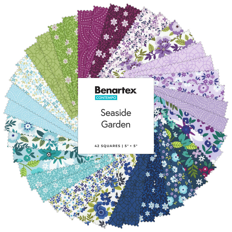 Fanned out collage of the fabrics featured throughout the Seaside Garden charm pack array of magenta, purple, dark blue, aqua, and green floral fabrics.