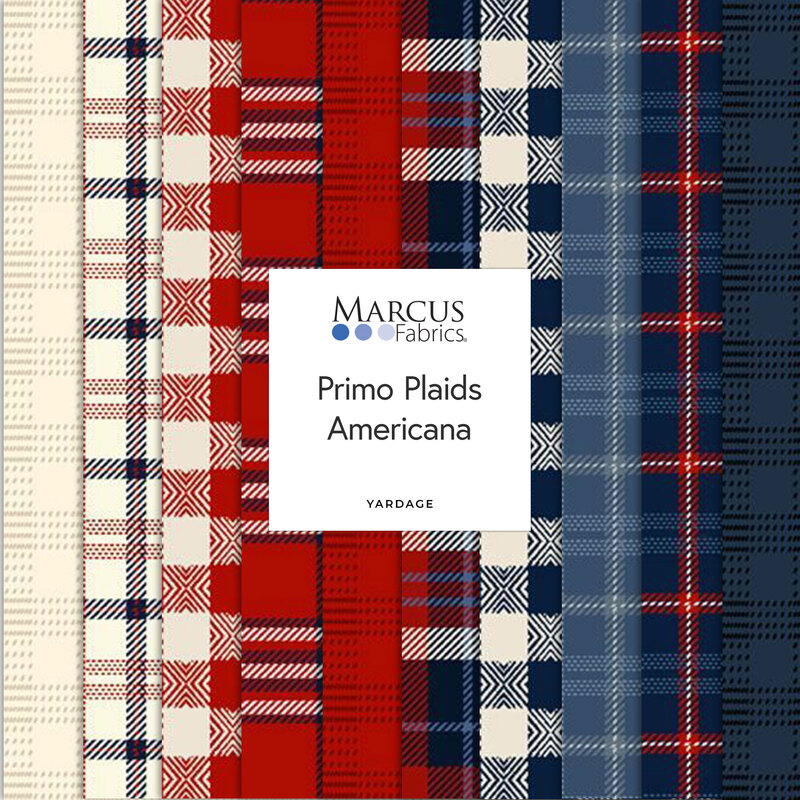 Digital Collage of fabrics included in the Primo Plaids Americana collection with red, white and blue plaid.