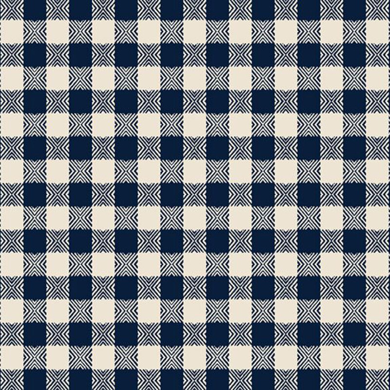Cream fabric with a blue gangham pattern.