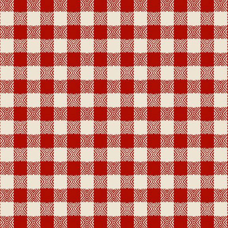 Cream fabric with a red gingham pattern.