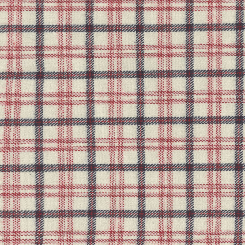 Cream fabric with red and blue plaid pattern.