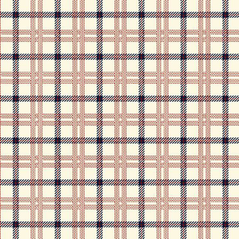 Cream fabric with red and blue glen check pattern.