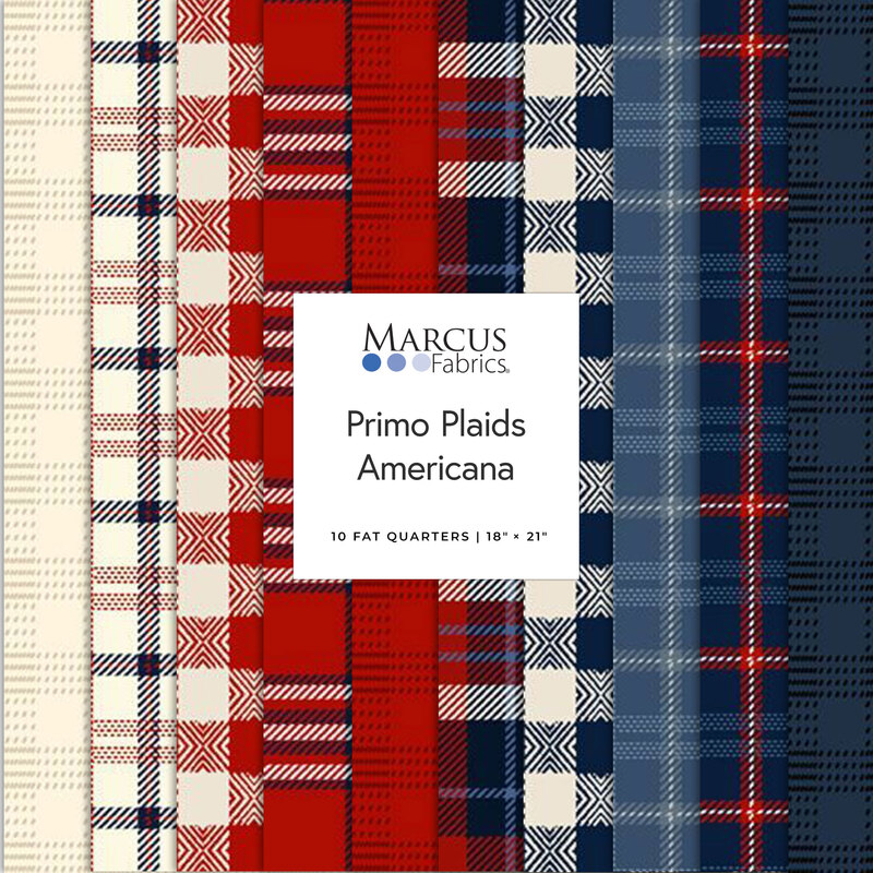 Digital Collage of fabrics included in the Primo Plaids Americana collection with red, white and blue plaid.