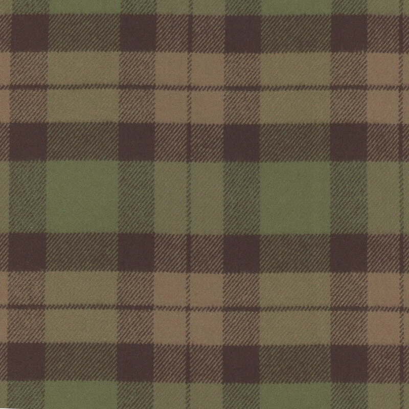 Flannel fabric with a brown and tan plaid on an olive background.
