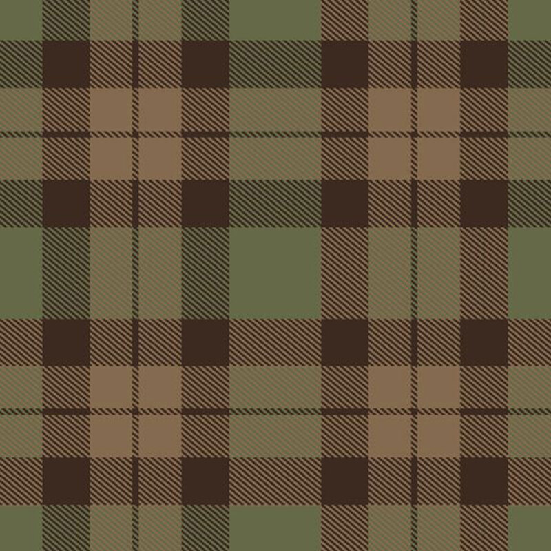 Flannel fabric with a brown and tan plaid on an olive background.