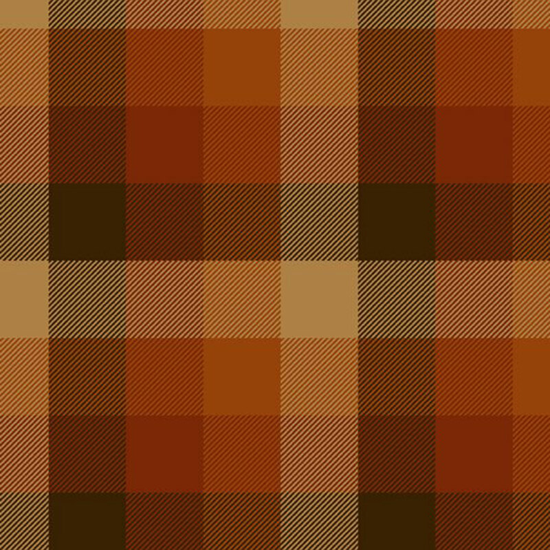 Flannel fabric with brown, orange, pumpkin and tan checkered pattern.