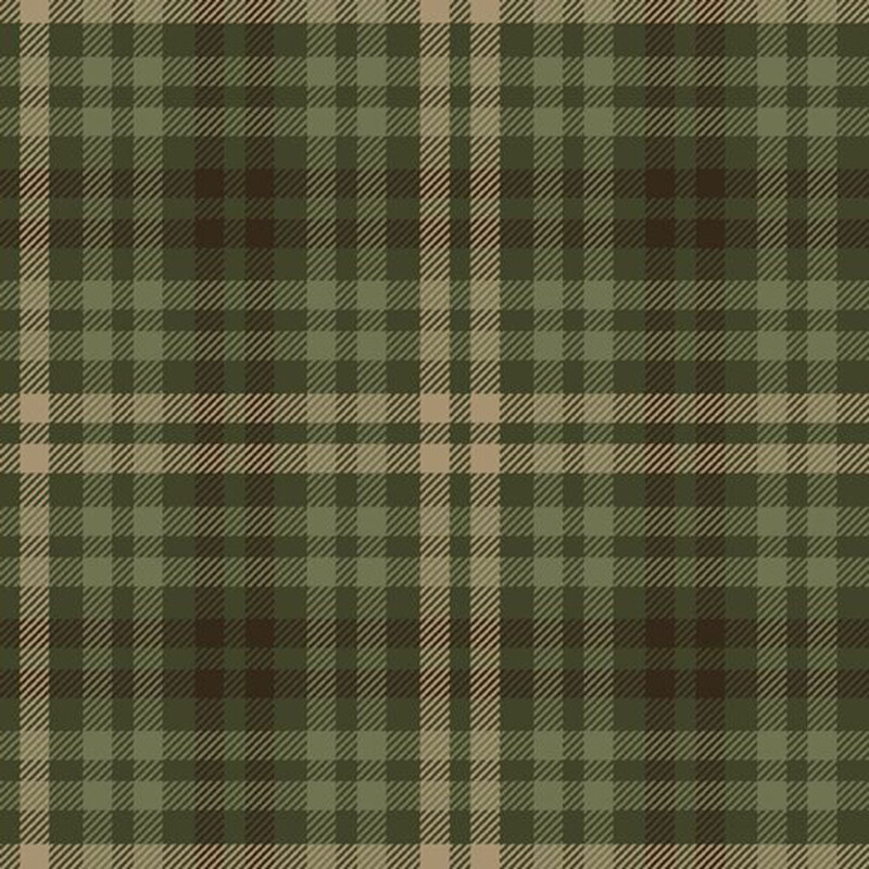 Flannel fabric with a green and brown plaid pattern.