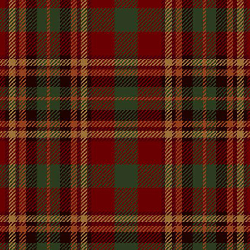 Flannel fabric in a red, green, and tan plaid pattern.