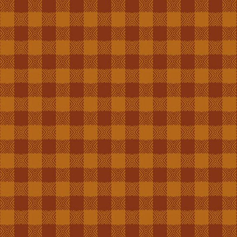 Flannel fabric in a brown and orange gingham pattern.