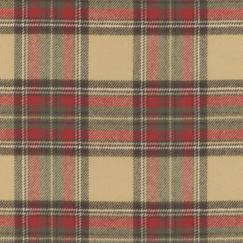 Flannel fabric in a red, tan, and green plaid pattern.