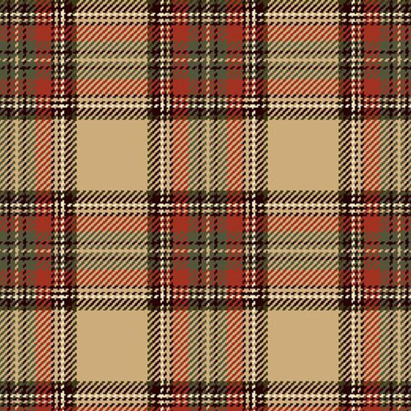 Flannel fabric in a red, tan, and green plaid pattern.