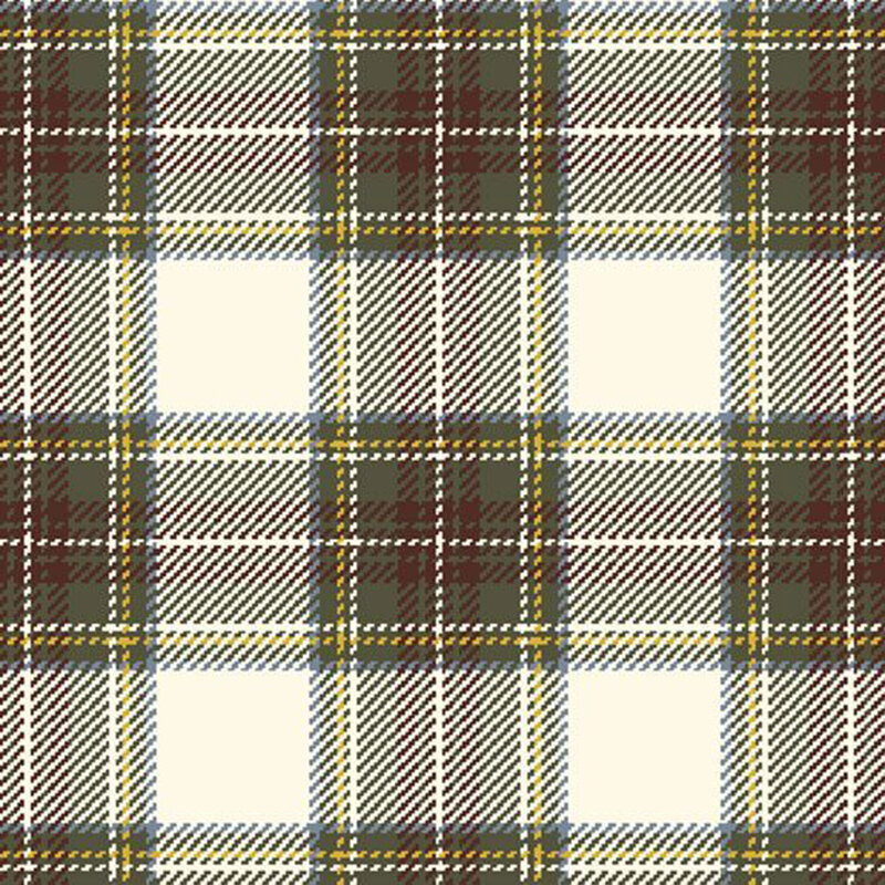 Flannel fabric with green, brown and yellow plaid on a cream background.