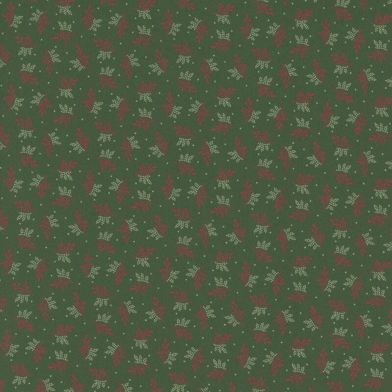 Dark hunter green fabric swatch with a primitive red and cream leaf and sprig pattern, interspersed with small scattered dots.