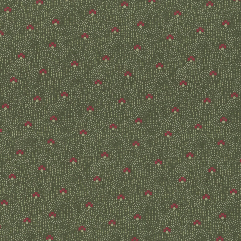 Dark hunter green fabric with stippled beige waves, lines, and beige polka dots crowned with three red hearts.