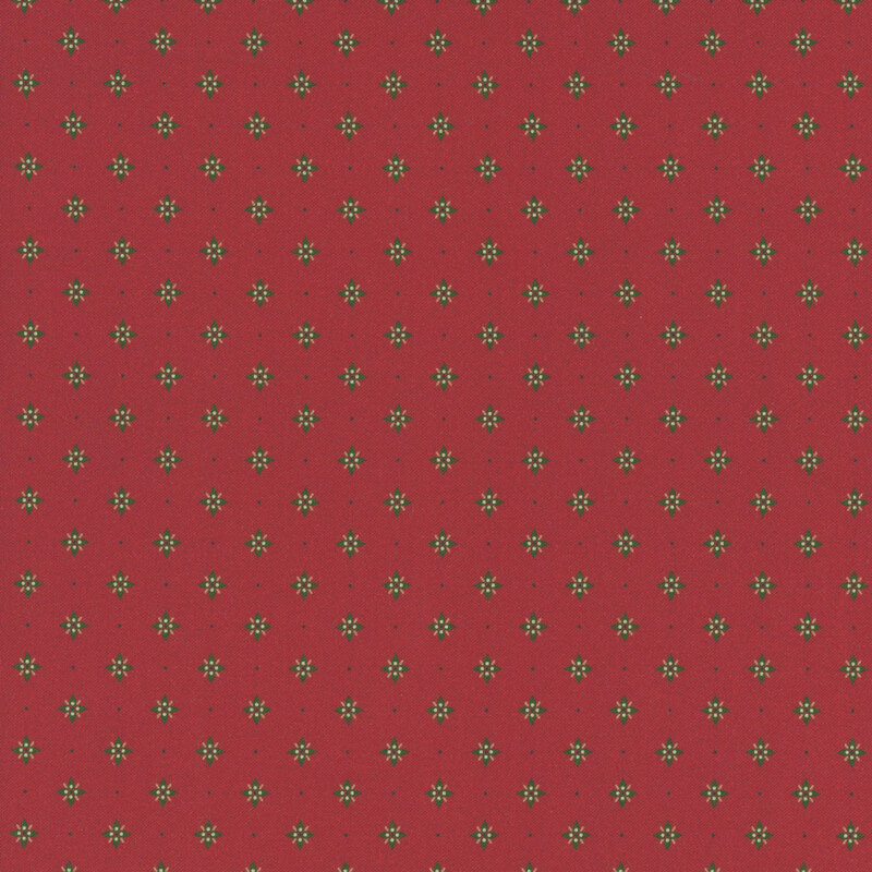 Red fabric with rows of green and beige floral motifs, interspersed with tonal pin dots.