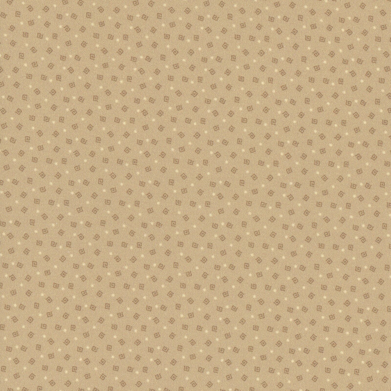 Tan fabric with tossed angular spirals in tonal beige interspersed with pin dots