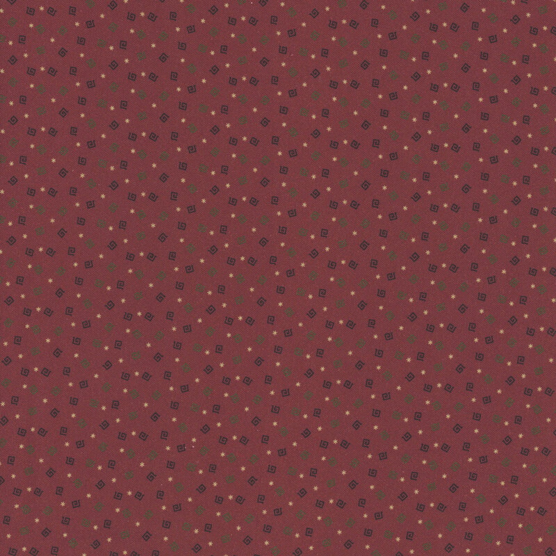 Maroon red fabric with tossed angular spirals in black and green.