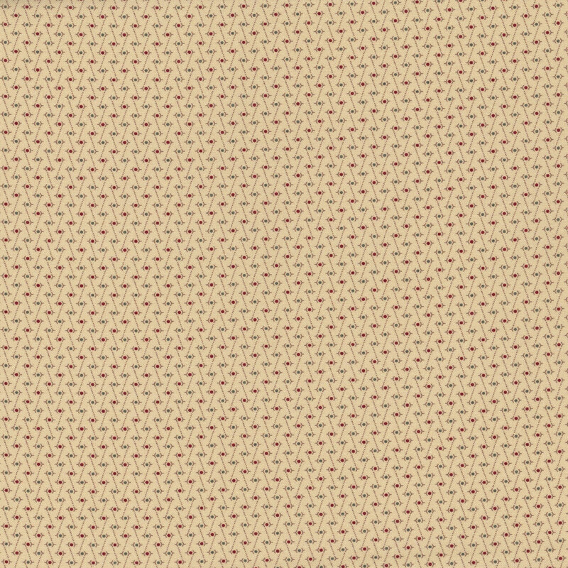 Tan fabric with a primitive pattern of climbing green and red dots and lines.