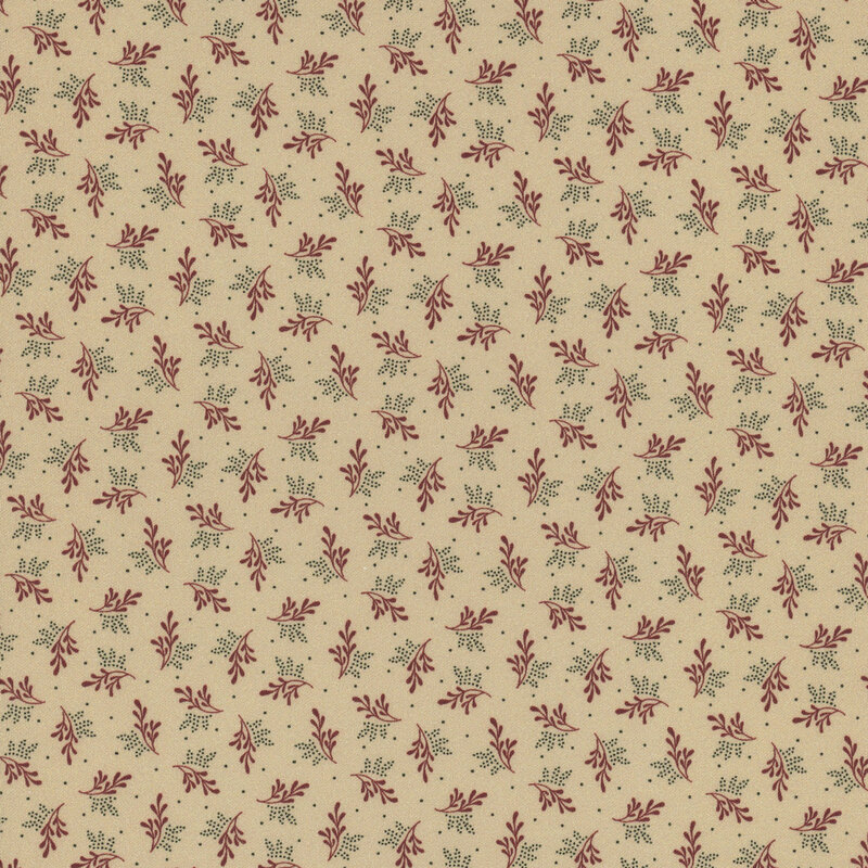 Tan fabric swatch with a primitive red and tonal beige sprig and leaf pattern, interspersed with small scattered dots.