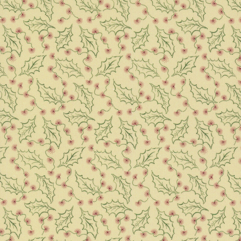 Cream fabric with tossed holly leaves and small red bursts of color.