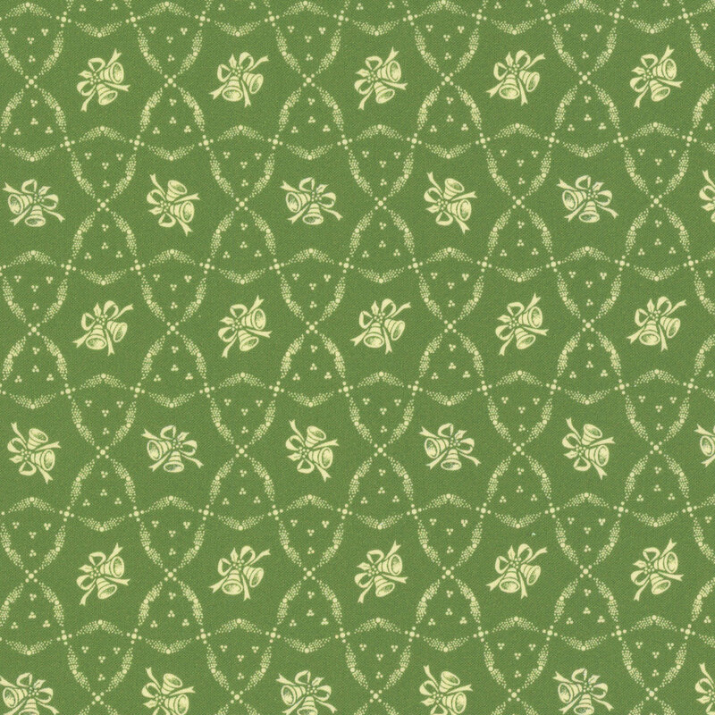 Green fabric with ditsy bells and interweaving ribbons.
