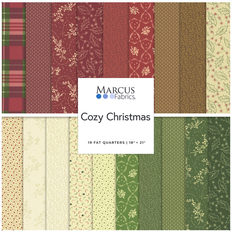 A stacked collage of red, brown, tan, and green Christmas fabrics included in the Cozy Christmas FQ Set.
