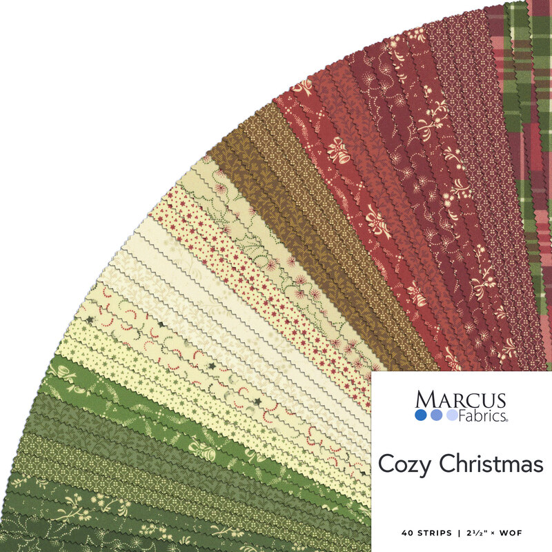 A fanned collage of red, brown, tan, and green Christmas fabrics included in the Cozy Christmas 2-1/2
