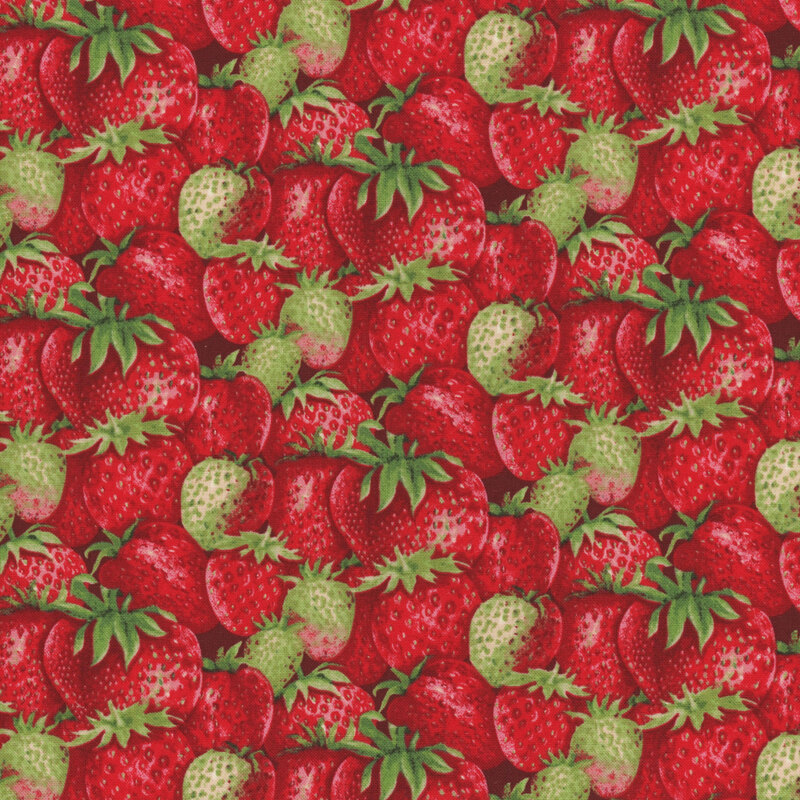 A vibrant pattern featuring ripe red strawberries and unripe green strawberries against a dark background.