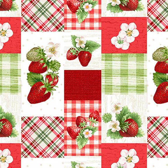 A floral and checkered pattern featuring strawberries, flowers, and red and green squares.