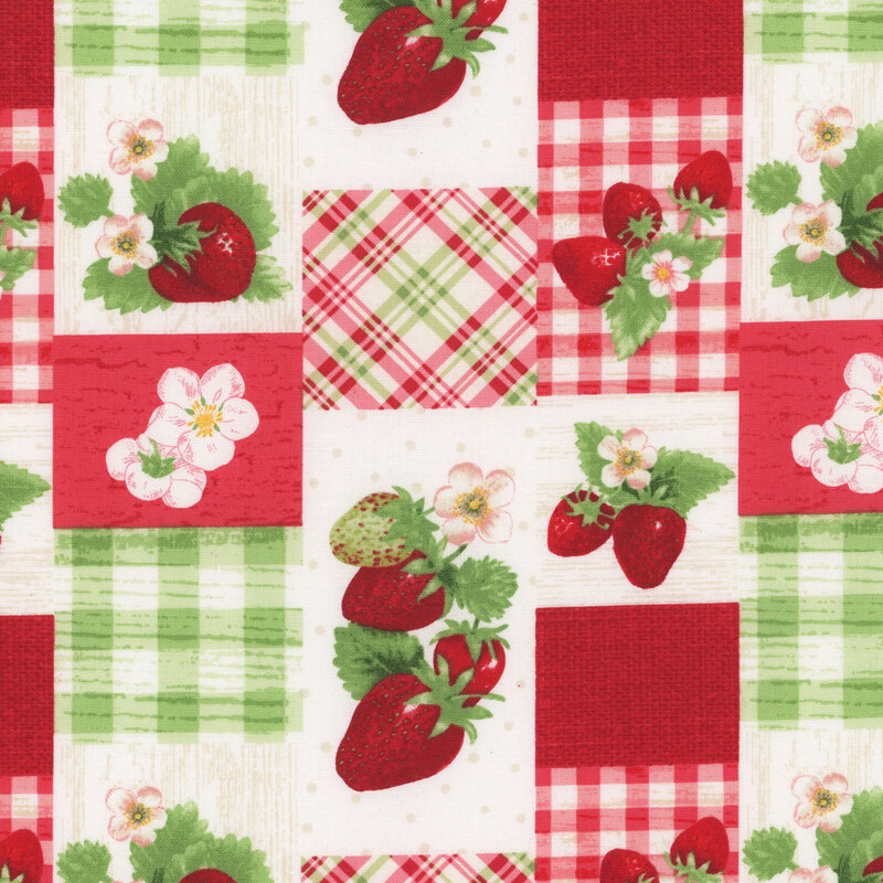 A floral and checkered pattern featuring strawberries, flowers, and red and green squares.