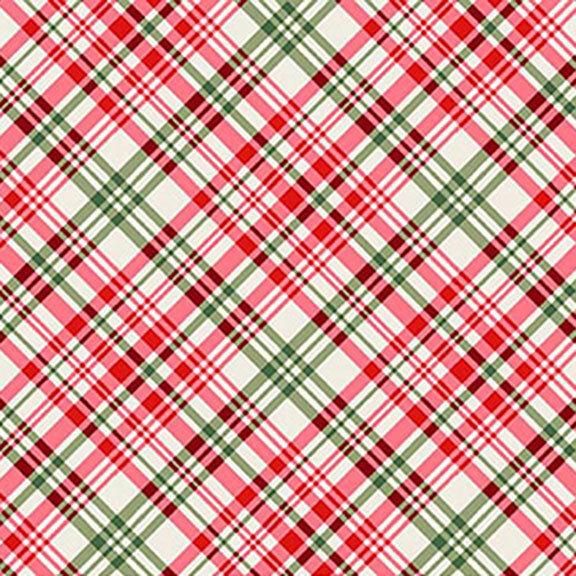 Red and green plaid pattern with diagonal stripes on a light background.