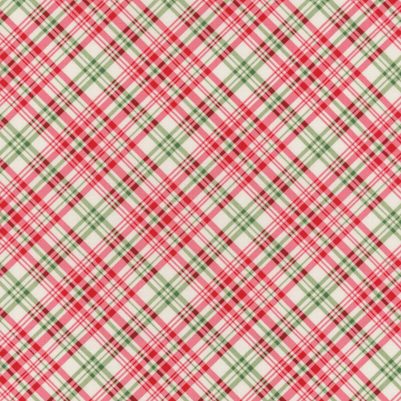 Red and green plaid pattern with diagonal stripes on a light background.