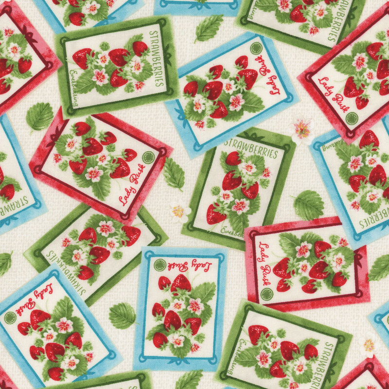 A pattern of vintage seed packets featuring strawberries, flowers, and green leaves on a light background.