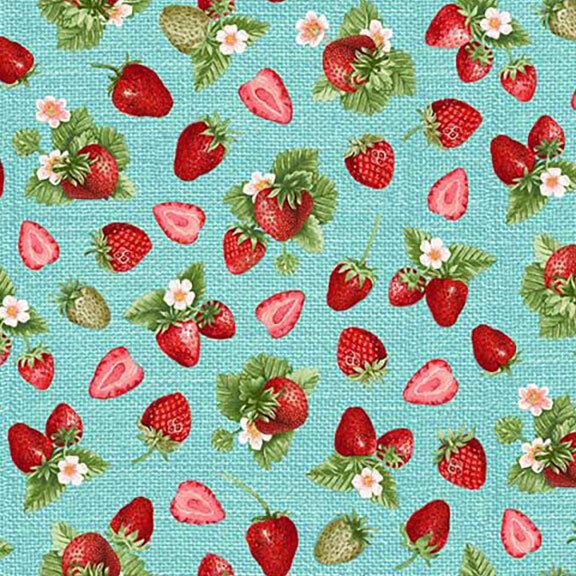 A blue background with a pattern of red strawberries and white flowers.
