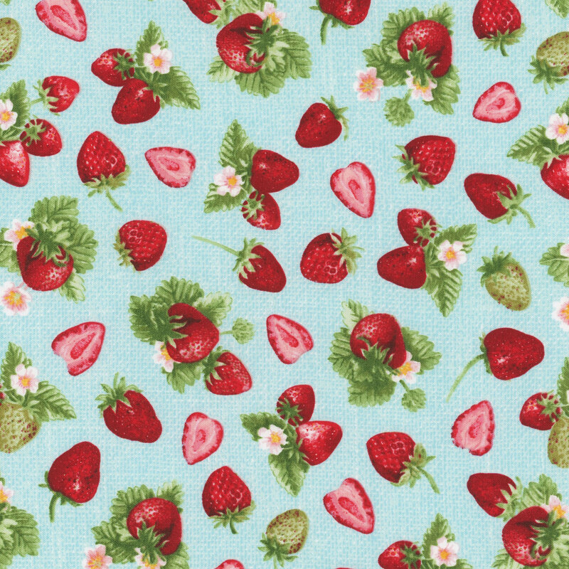 A blue background with a pattern of red strawberries and white flowers.